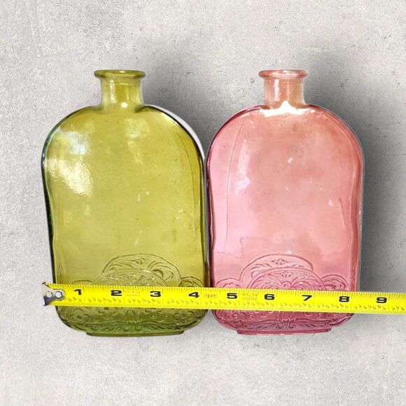 Vidrios De Levante Recycled Glass Bottles Pink & Green Embossed Spain MCM Decor - Picture 9 of 10